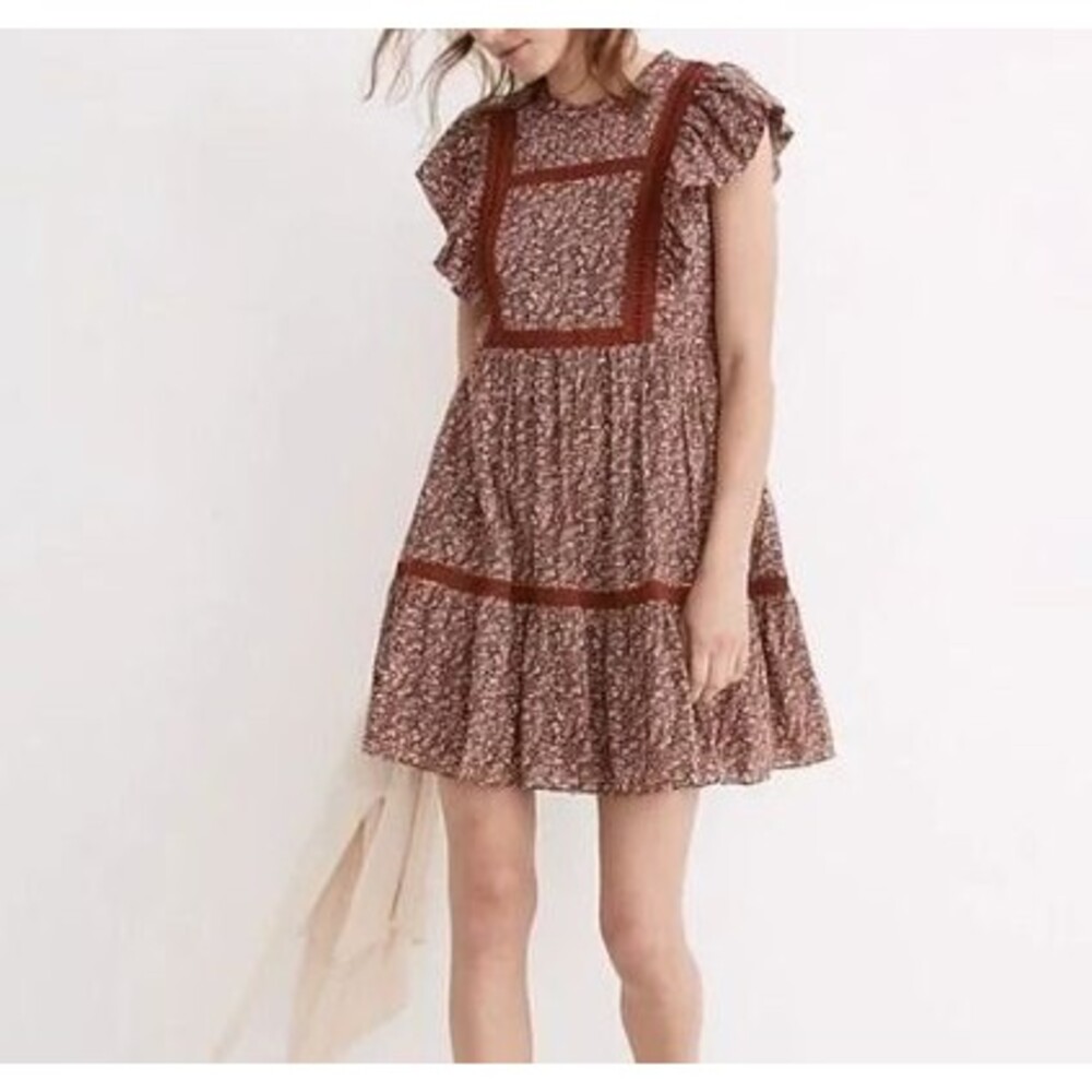 Madewell Flutter-Sleeve Mini Dress in Cottage Garden Brown Floral XS